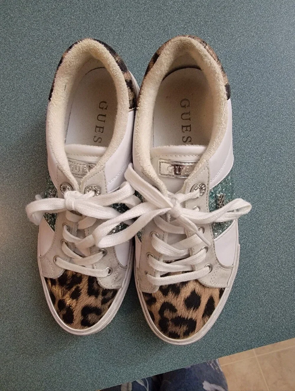 GUESS Women's White Sneakers with Leopard Print and Green Glitter Accents Size 8